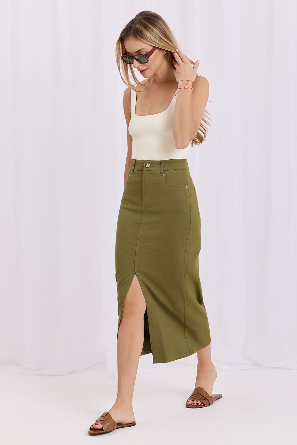 Cotton Zipper Button Midi Skirt-Women's Skirt-LeStyleParfait