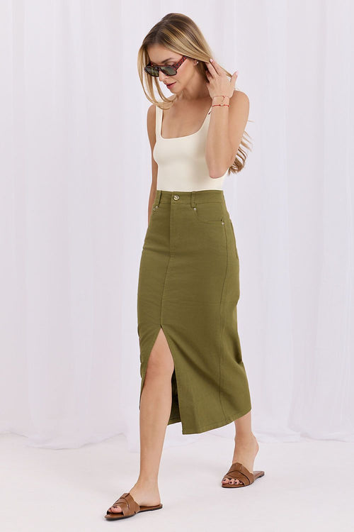 Cotton Zipper Button Midi Skirt-Women's Skirt-LeStyleParfait