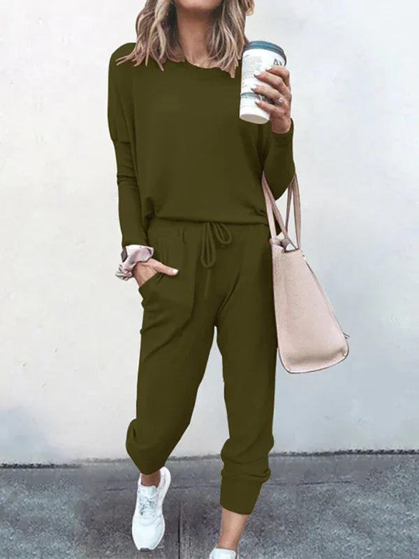 Cozy Women Casual Knit Two-Piece Set Lounge Crewneck Long Sleeve Relaxed Cotton Blend Spring | LeStyleParfait