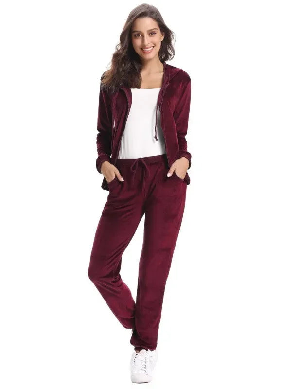 Cozy Women Jogger Set Casual Velvet Two-Piece Pants Set Lounge Zipper Long Sleeve Relaxed Fit Fall | LeStyleParfait
