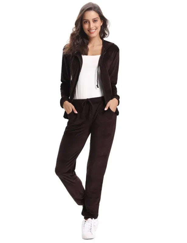 Cozy Women Jogger Set Casual Velvet Two-Piece Pants Set Lounge Zipper Long Sleeve Relaxed Fit Fall | LeStyleParfait