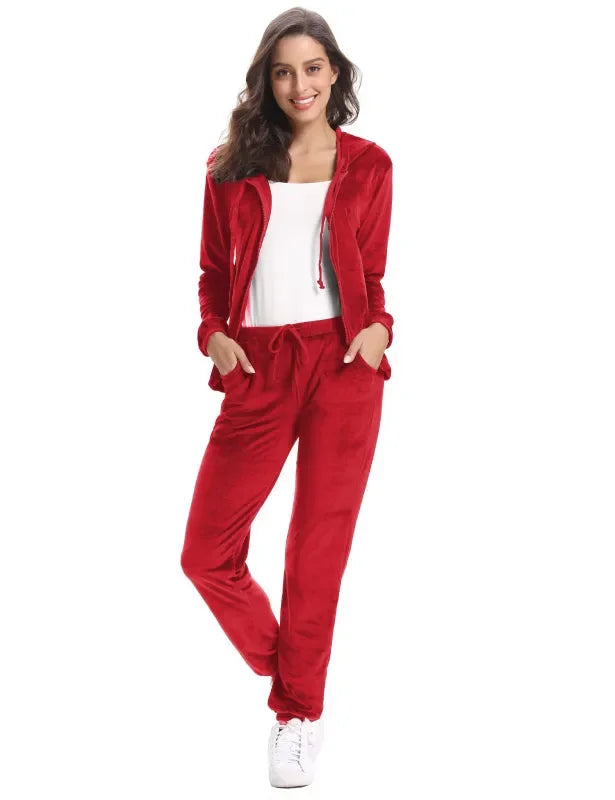Cozy Women Jogger Set Casual Velvet Two-Piece Pants Set Lounge Zipper Long Sleeve Relaxed Fit Fall | LeStyleParfait