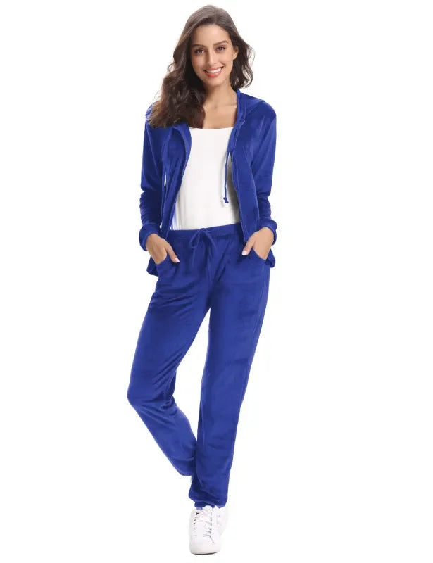 Cozy Women Jogger Set Casual Velvet Two-Piece Pants Set Lounge Zipper Long Sleeve Relaxed Fit Fall | LeStyleParfait