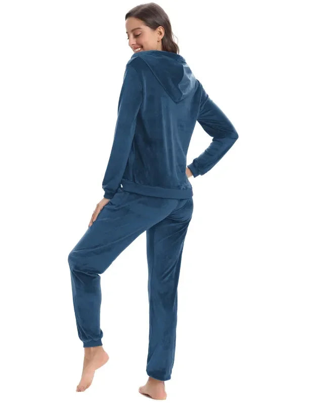 Cozy Women Jogger Set Casual Velvet Two-Piece Pants Set Lounge Zipper Long Sleeve Relaxed Fit Fall | LeStyleParfait