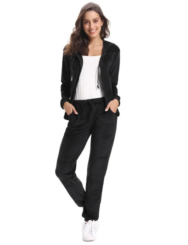 Cozy Women Jogger Set Casual Velvet Two-Piece Pants Set Lounge Zipper Long Sleeve Relaxed Fit Fall | LeStyleParfait