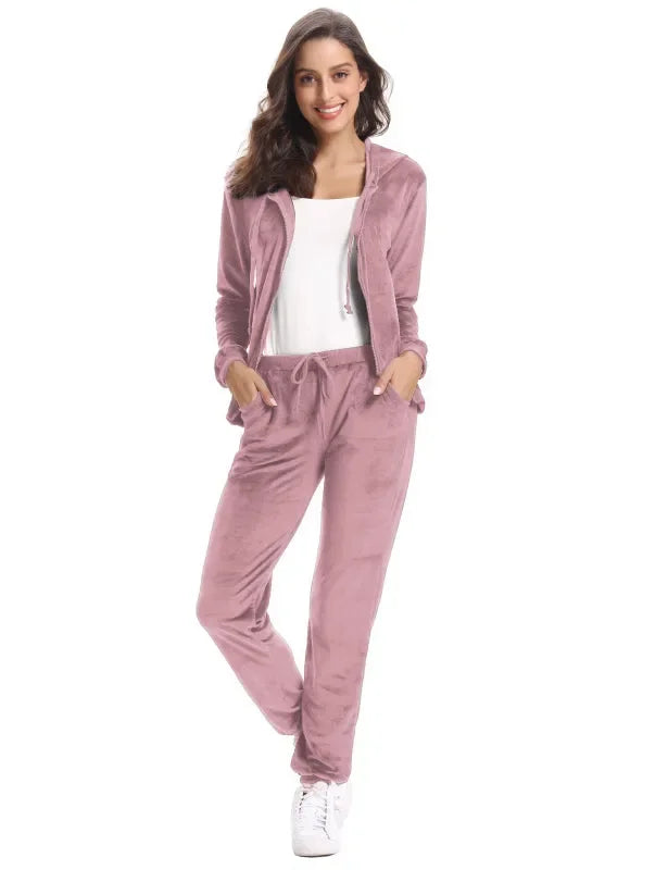 Cozy Women Jogger Set Casual Velvet Two-Piece Pants Set Lounge Zipper Long Sleeve Relaxed Fit Fall | LeStyleParfait