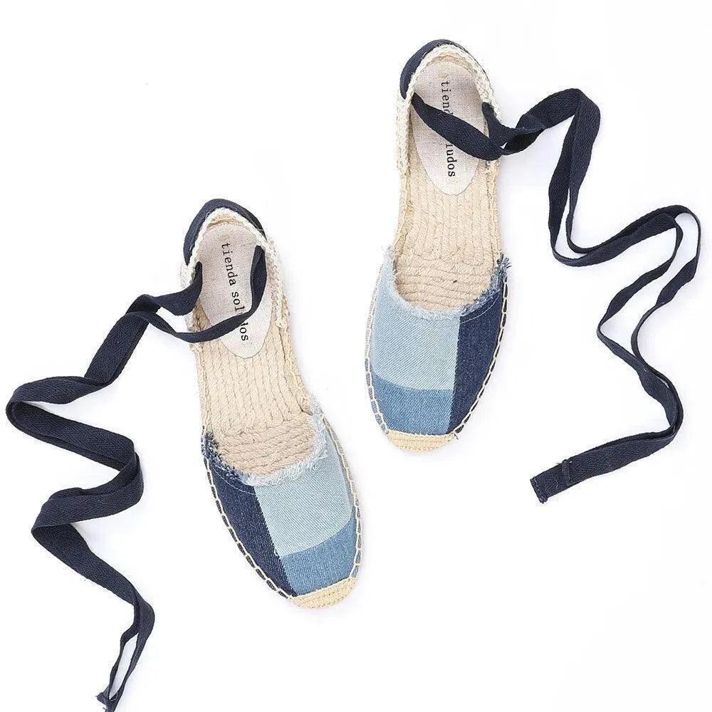Denim T-Strap Espadrilles Flat Sandals - Sandals - LeStyleParfait