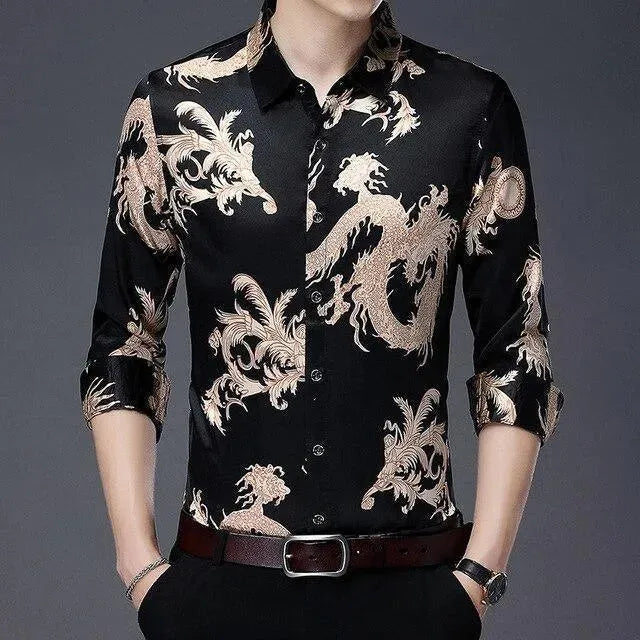 Dragon Print Satin Shirt For Men-Men Shirts-LeStyleParfait
