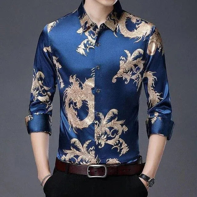 Dragon Print Satin Shirt For Men-Men Shirts-LeStyleParfait