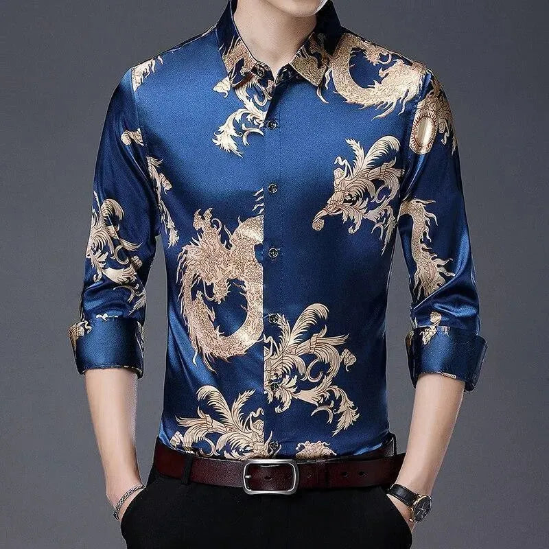 Dragon Print Satin Shirt For Men-Men Shirts-LeStyleParfait