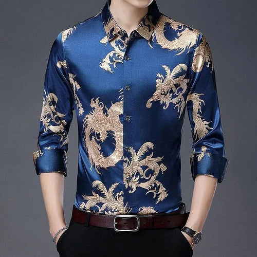 Dragon Print Satin Shirt For Men-Men Shirts-LeStyleParfait