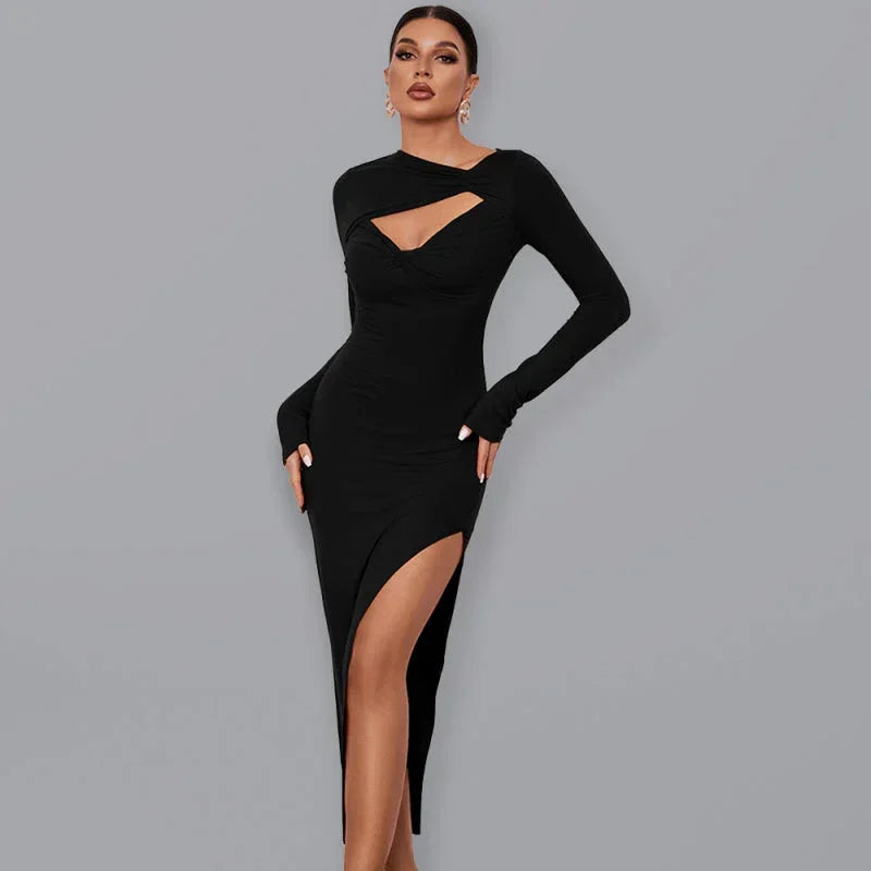 Elegant Black Asymmetric Bodycon Midi Dress