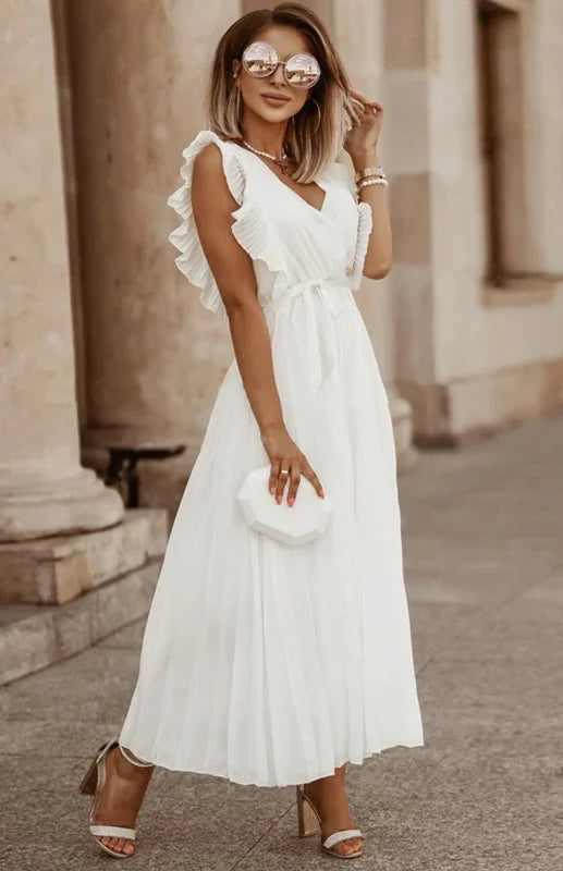Elegant Black Chiffon Pleated Midi Dress
