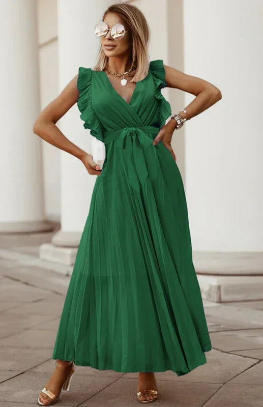 Elegant Black Chiffon Pleated Midi Dress
