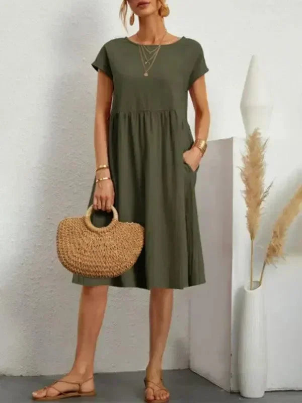 Elegant Black Cotton Linen Knee Dress