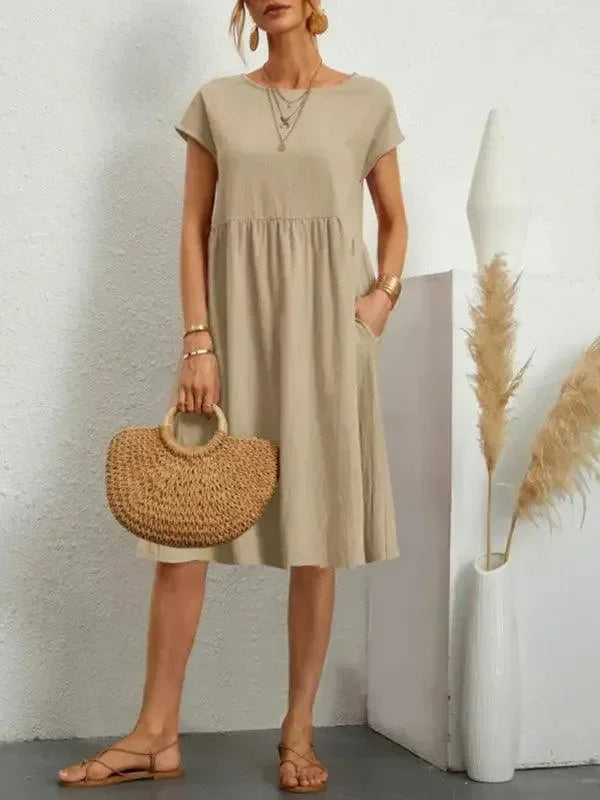 Elegant Black Cotton Linen Knee Dress