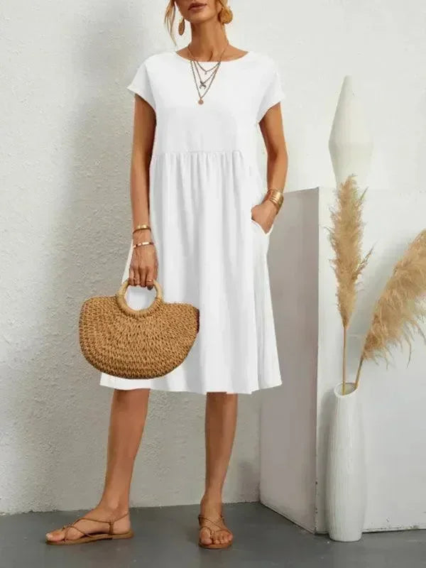 Elegant Black Cotton Linen Knee Dress