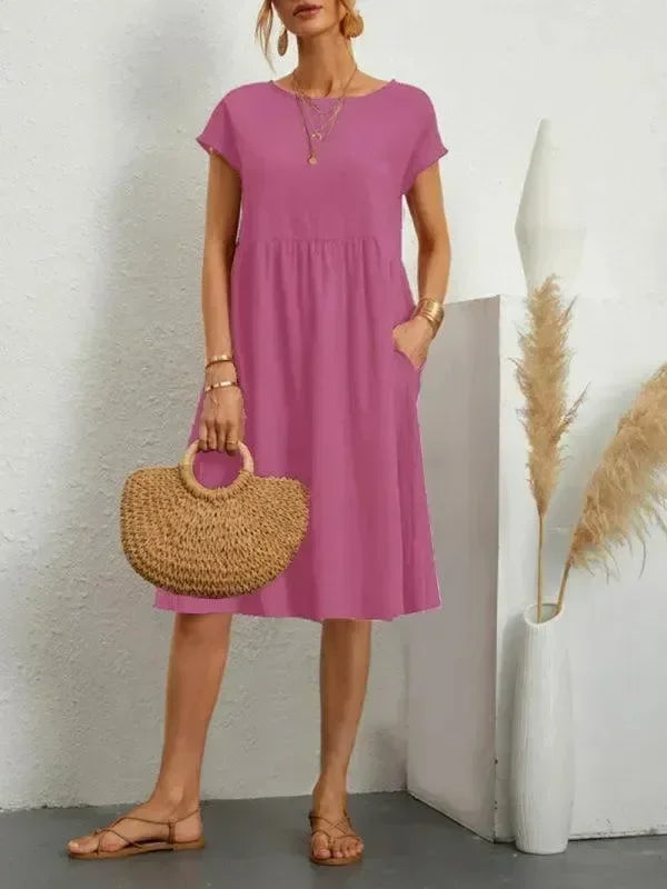 Elegant Black Cotton Linen Knee Dress