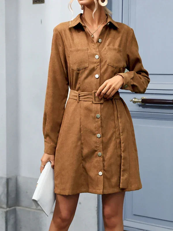 Elegant Brown Suede Button Mini Dress