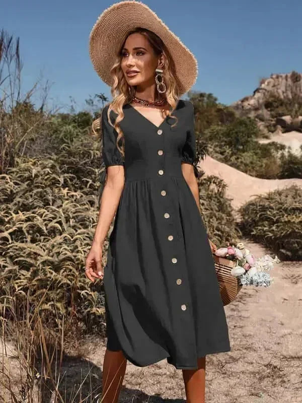 Elegant Cotton Button Front Midi Dress