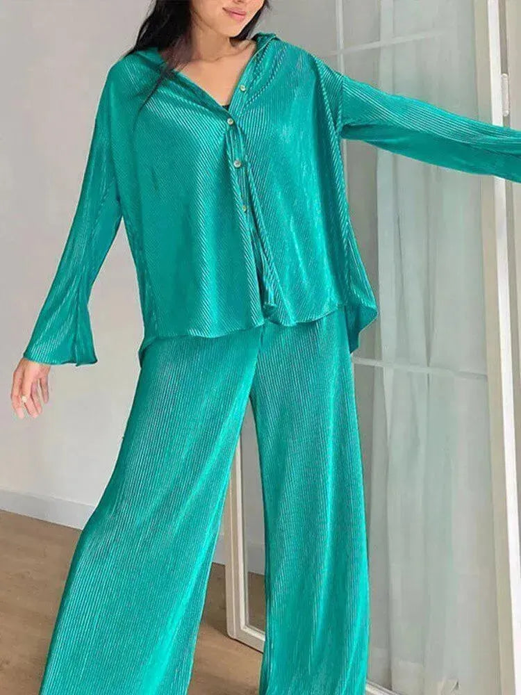 Elegant Green Satin Two-Piece Lounge Set - Solid Satin Two-Piece Lounge Set - LeStyleParfait