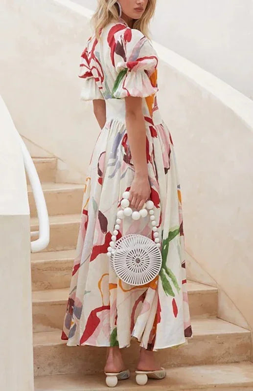 Elegant Multicolor Chiffon Button Midi Dress
