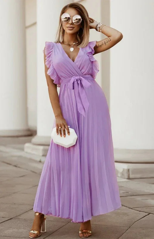 Elegant Pink Chiffon Wrap Midi Dress