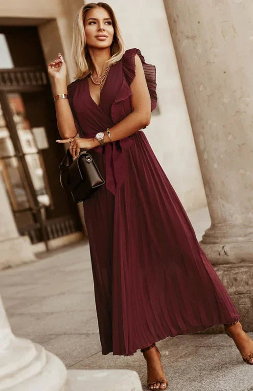 Elegant Pink Chiffon Wrap Midi Dress