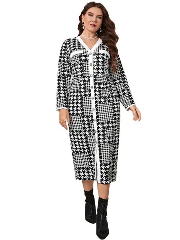 Elegant Plaid Knit Midi Dress