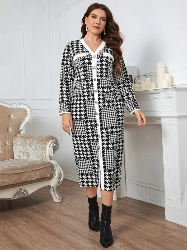 Elegant Plaid Knit Midi Dress