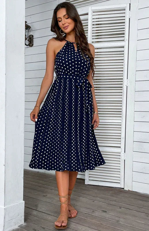 Elegant Polka Dot Halter Midi Dress