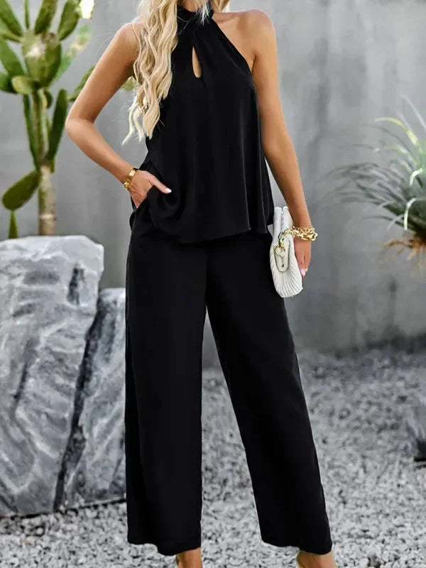 Elegant Women Casual Halterneck Two-Piece Pants Set - Casual Pants Set - LeStyleParfait