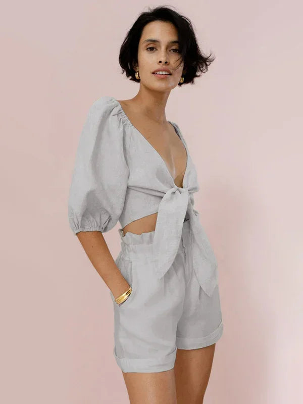 Elegant Women Casual Knot Two-Piece Shorts Set - Casual Shorts Set - LeStyleParfait