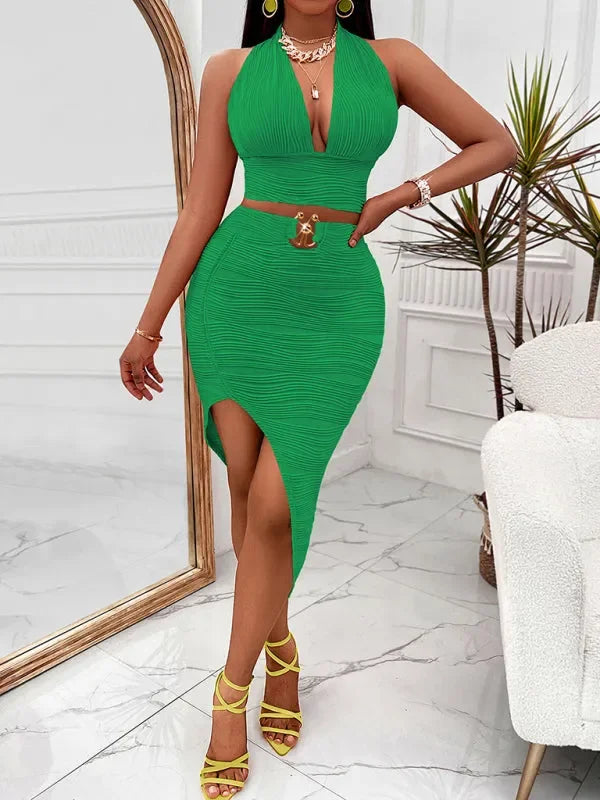 Elegant Women Casual Ribbed Two-Piece Skirt Set - Casual Skirt Set - LeStyleParfait