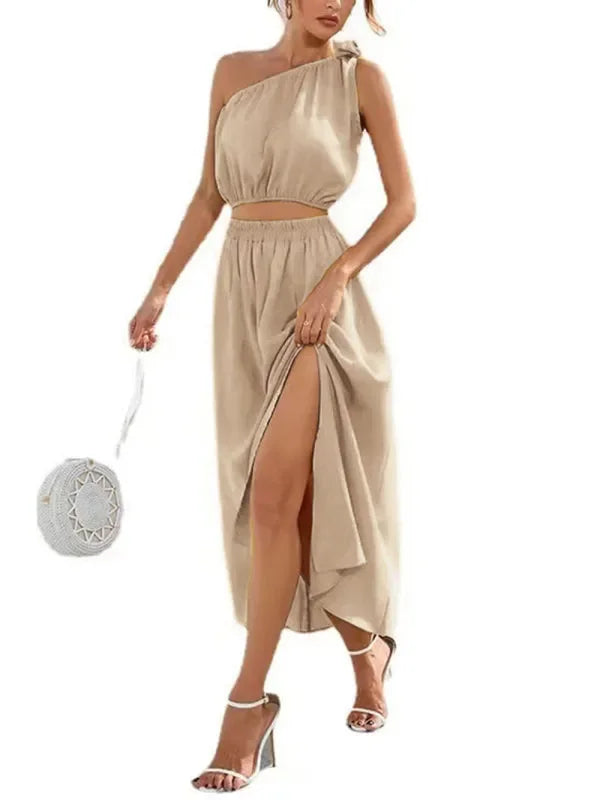 Elegant Women Casual Satin Two-Piece Skirt Set - Casual Skirt Set - LeStyleParfait