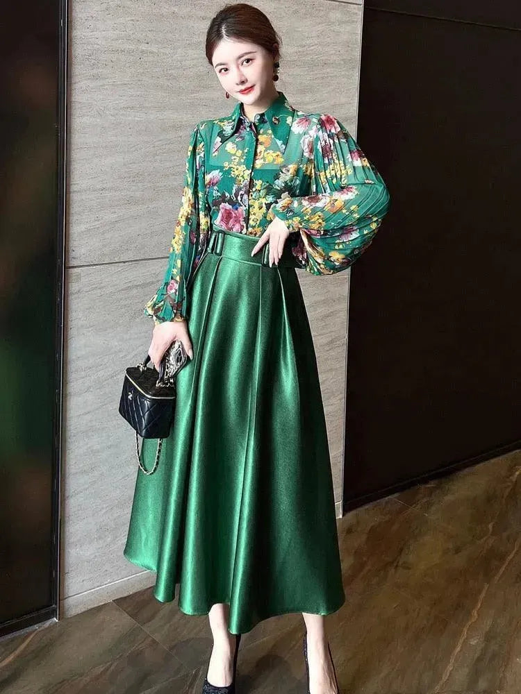 Elegant Women Floral Satin Two-Piece Skirt Set - Floral Skirt Set - LeStyleParfait