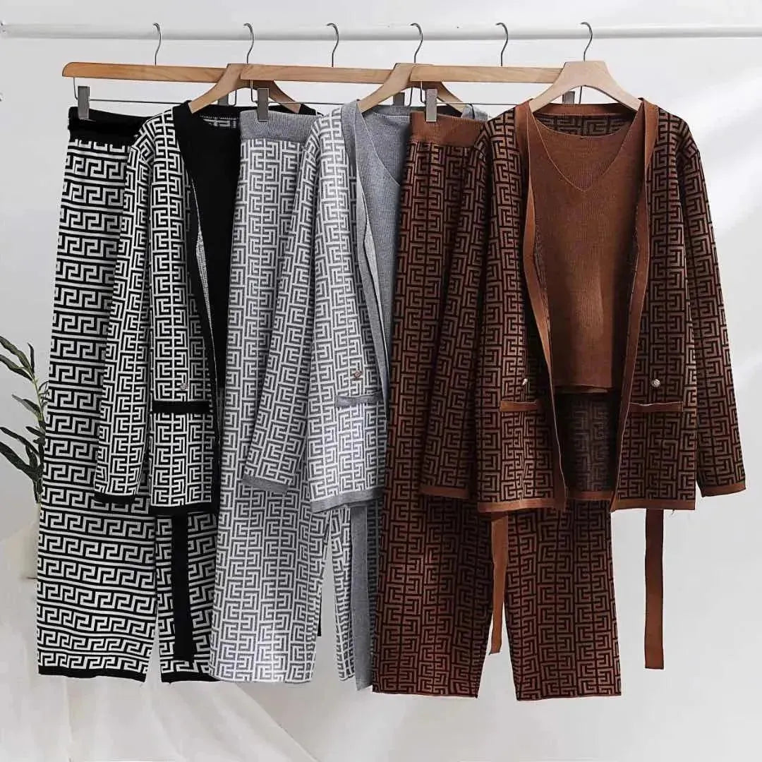 Elegant Women Geometric Tailored Three-Piece Pants Set - Geometric Pants Set - LeStyleParfait
