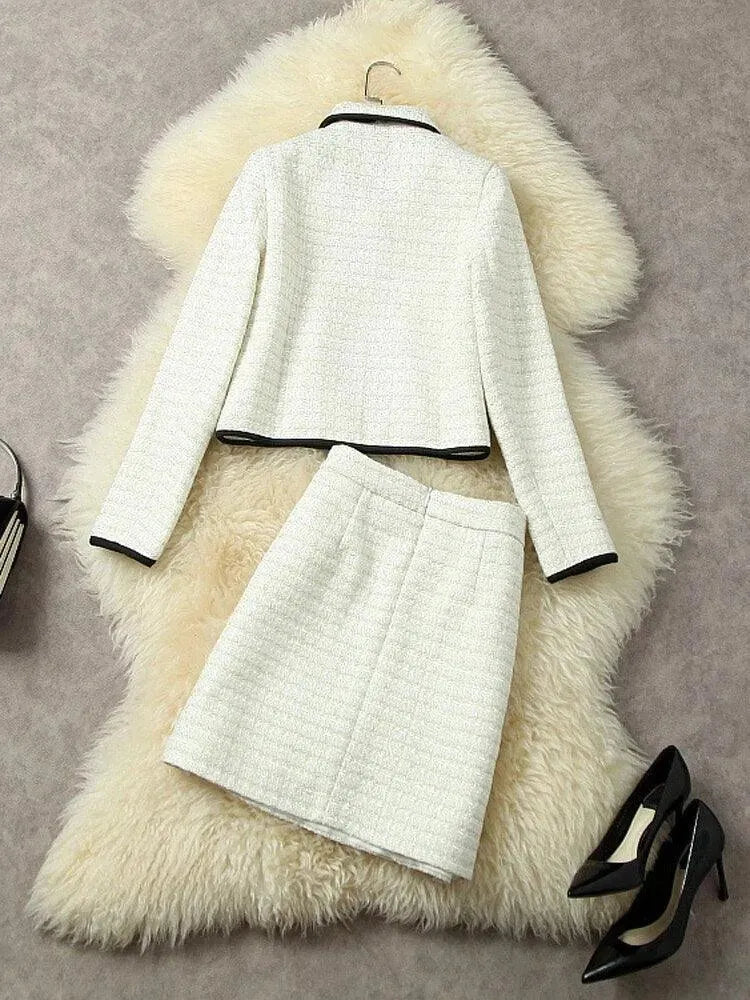 Beige Tweed Skirt Suit With A Ribbon - Skirt Suit - LeStyleParfait