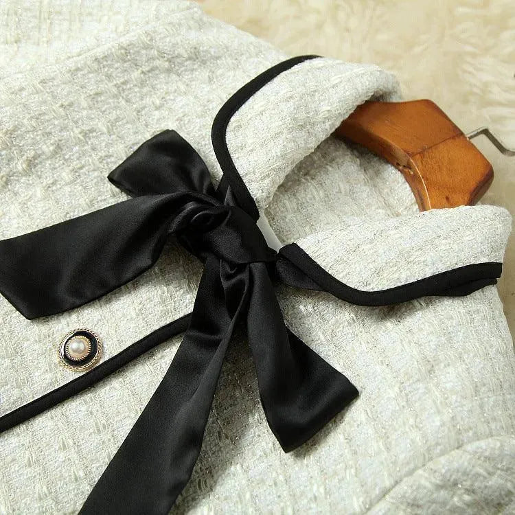 Beige Tweed Skirt Suit With A Ribbon - Skirt Suit - LeStyleParfait