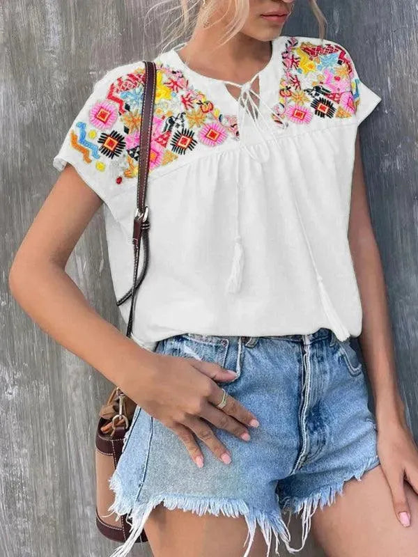 Embroidered Tassel Tie Top - Women Tops & Blouses | LeStyleParfait-Women Tops