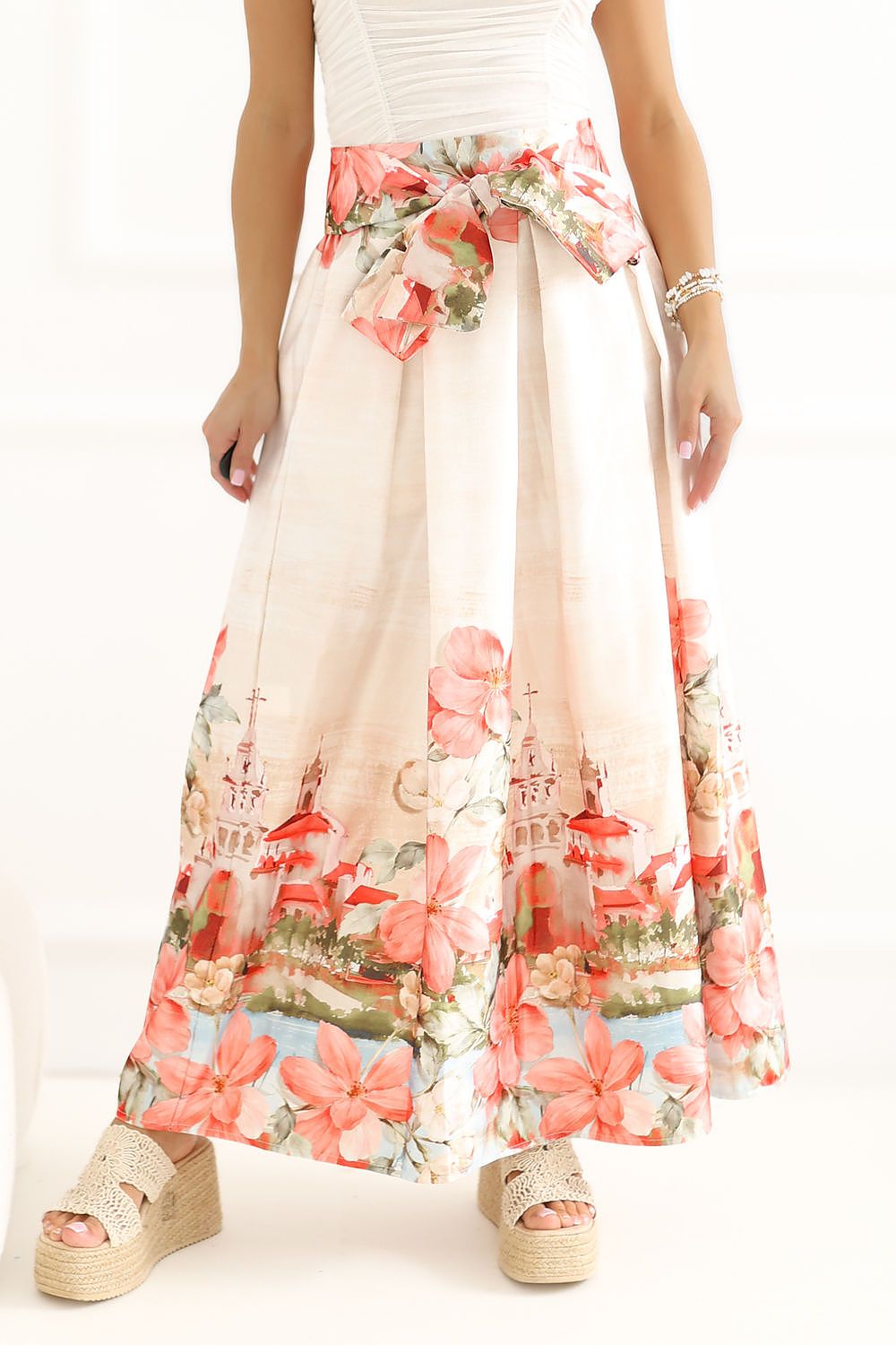 Floral Belted Drawstring Midi Skirt-Women's Skirt-LeStyleParfait