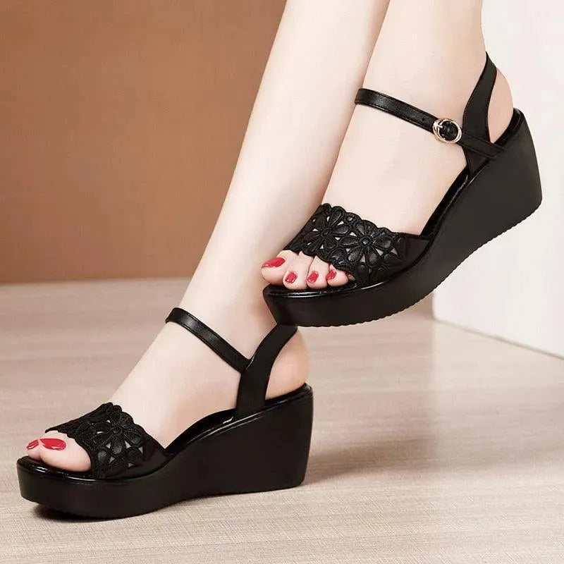 Floral Cut-out Wedge Sandal Shoes - Wedge Shoes - LeStyleParfait