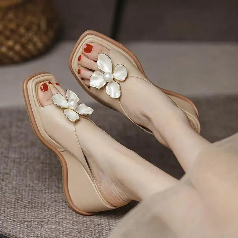 Floral Leather Slip-on Wedge Sandals - Wedge Shoes - LeStyleParfait