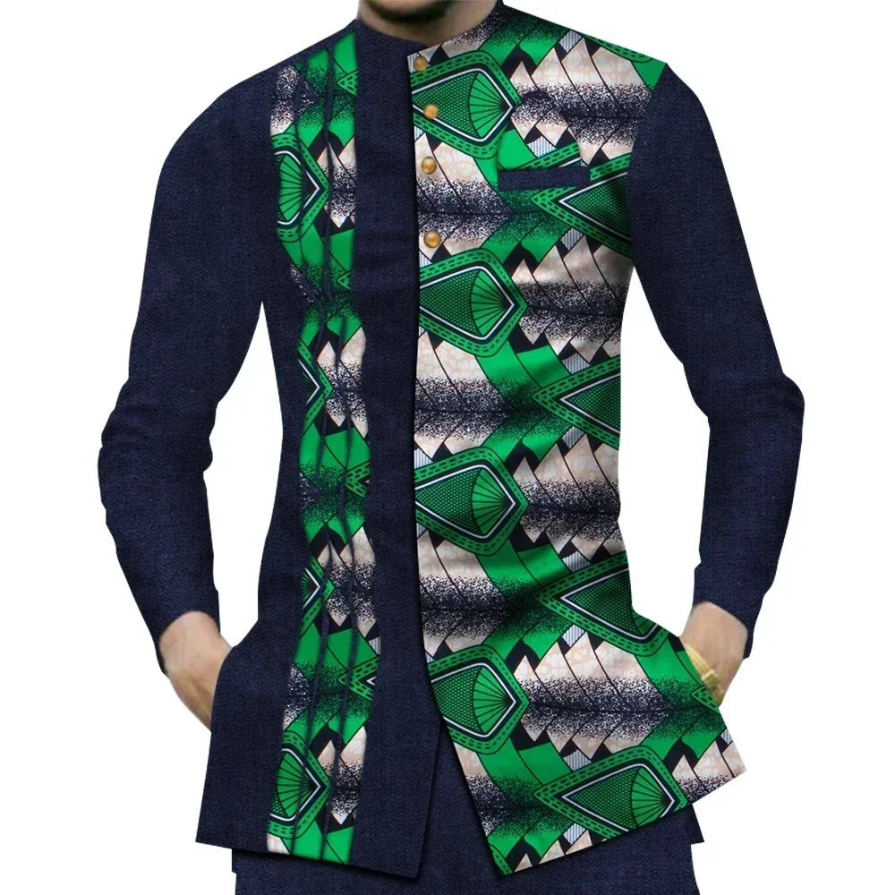 Green Cotton Dashiki Patchwork Shirt-Men Shirts-LeStyleParfait