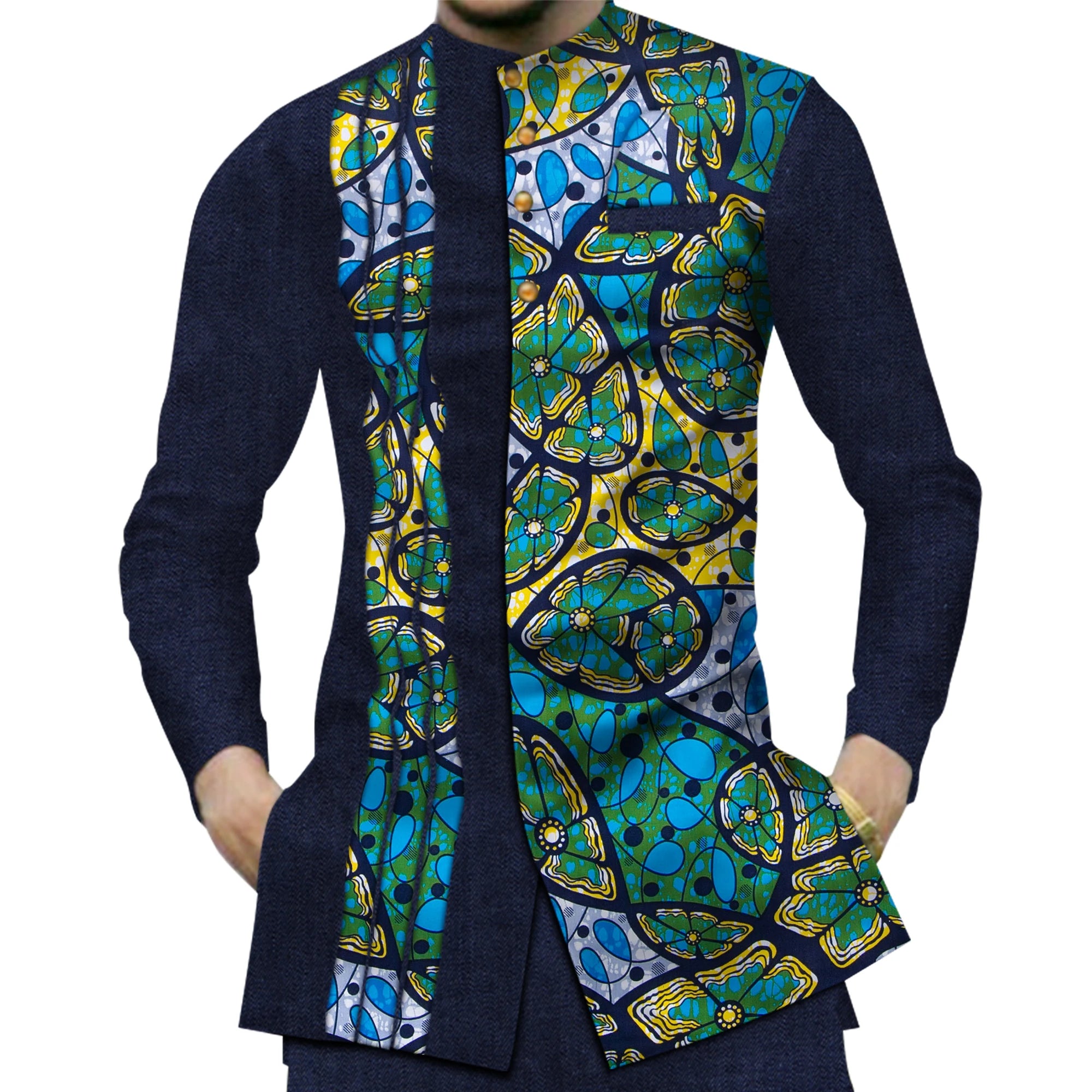 Green Yellow Cotton Dashiki Shirt-Men Shirts-LeStyleParfait