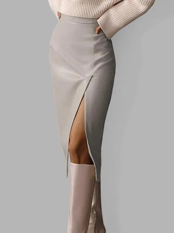 High Waist Leather Midi Skirt-Women's Skirt-LeStyleParfait