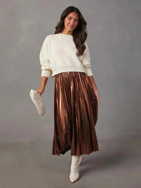 High Waist Pleated Midi Skirt-Women's Skirt-LeStyleParfait
