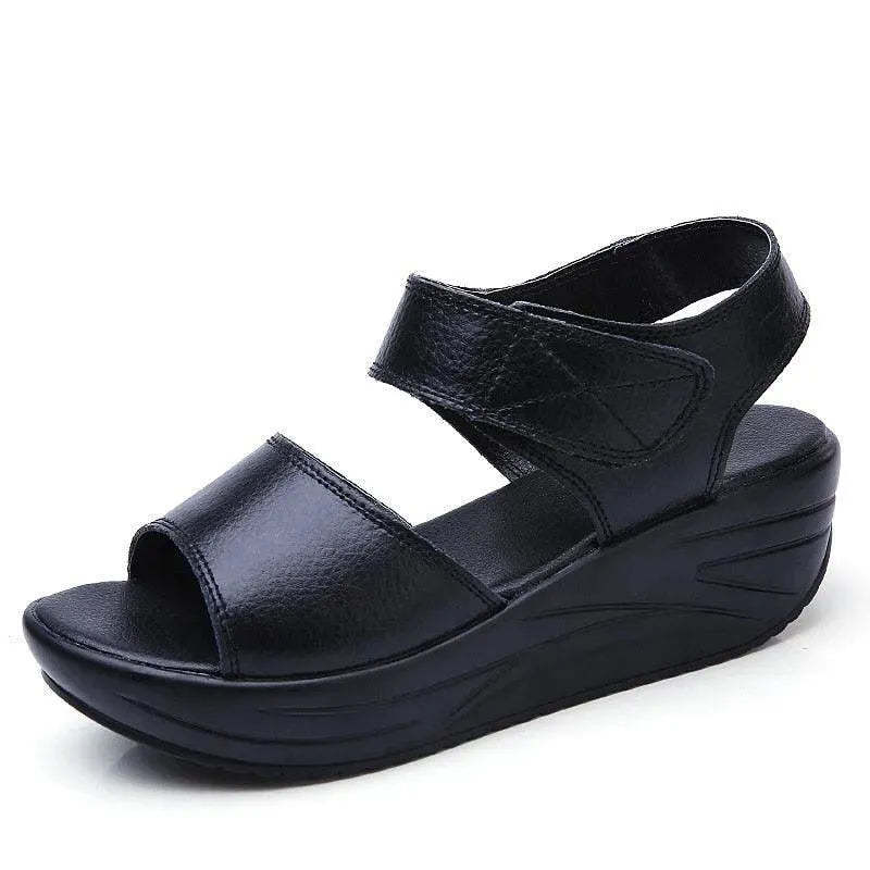 Hook Loop Leather Wedge Sandals - Sandals - LeStyleParfait