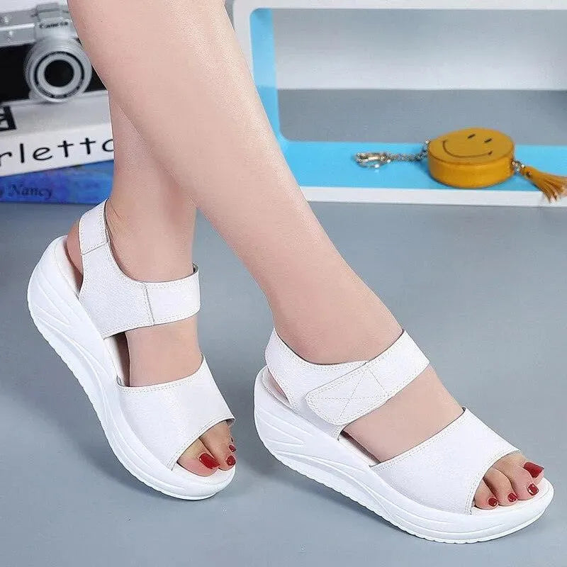 Hook Loop Leather Wedge Sandals - Sandals - LeStyleParfait