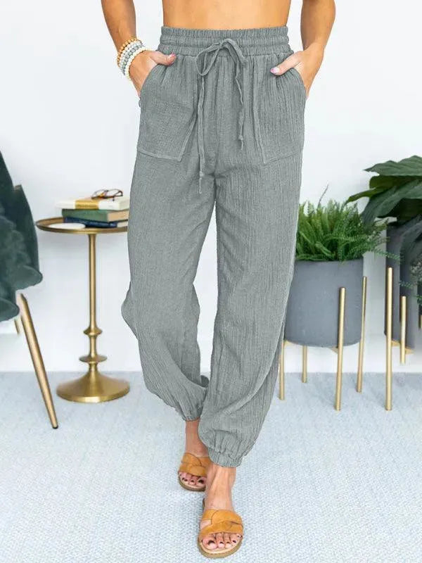 LeStyleParfait Women Pants Plain-Solid Women's Drawstring Linen-Women Pants